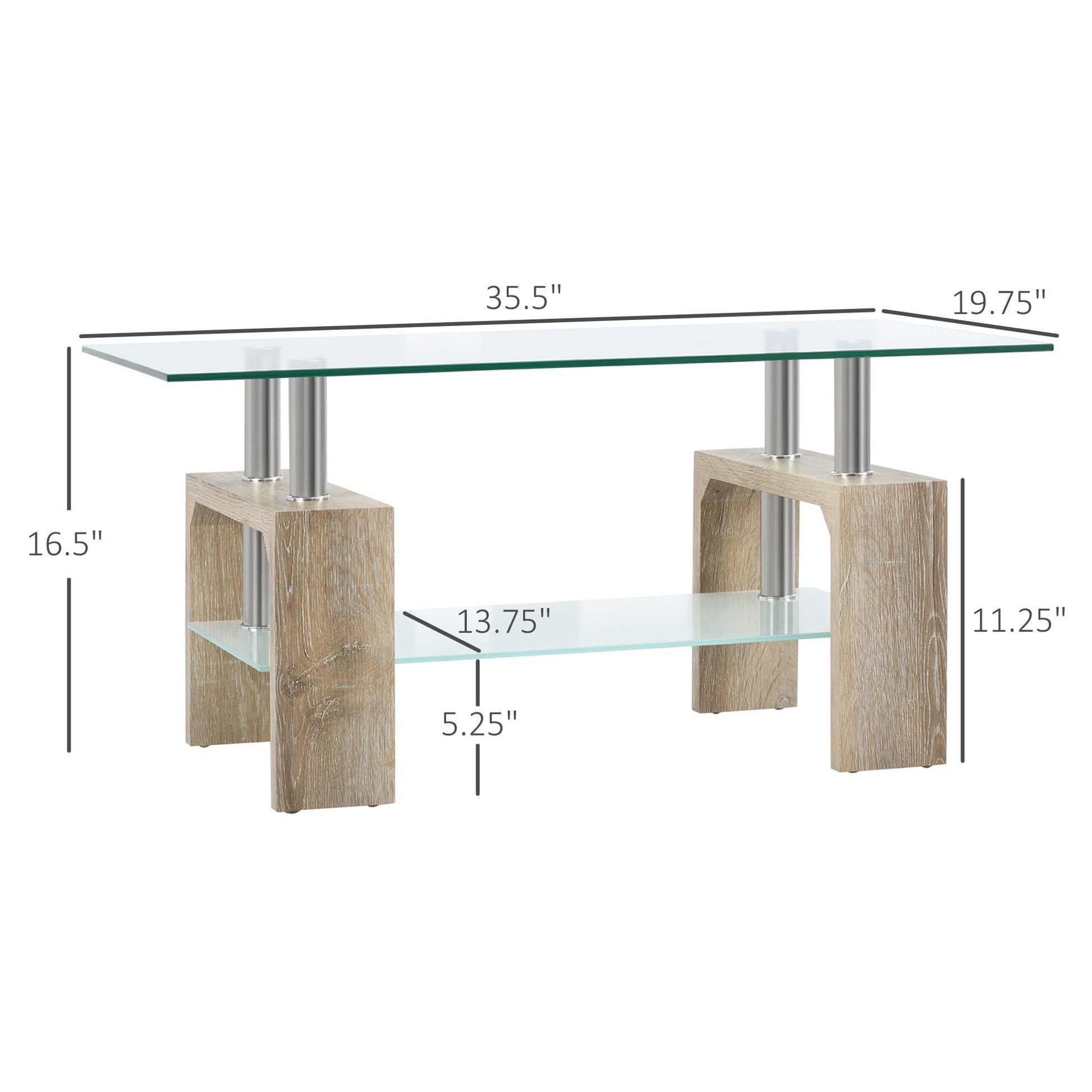 Rectangle Glass Coffee Table, 2-Tier Center Table with Tempered Glass Top and Storage Shelf for Living Room, Natural Coffee Tables   at Gallery Canada