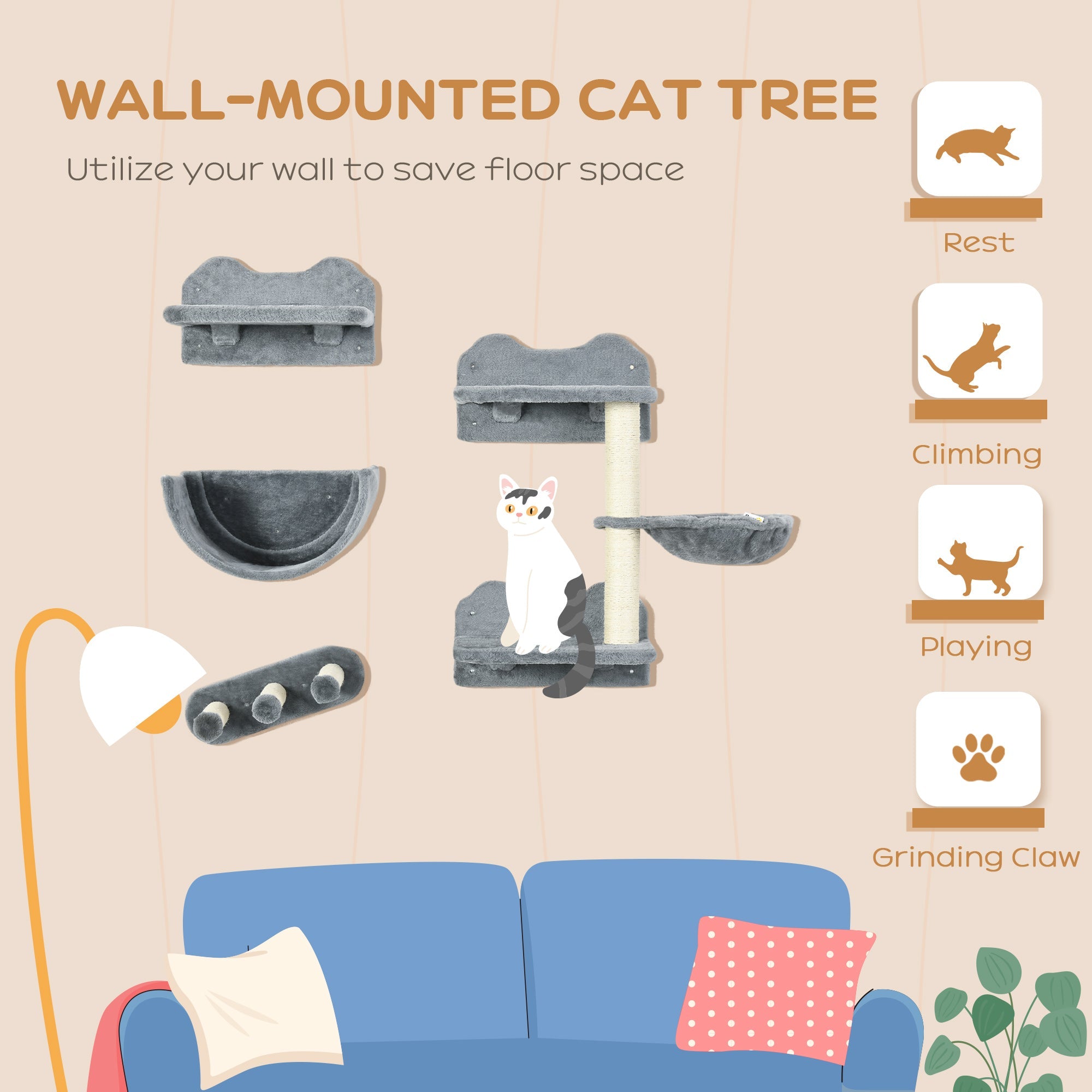 Cat Wall Climber with Hammock, Scratching Post, Steps, Shelves - Grey Cat Climbing Wall   at Gallery Canada