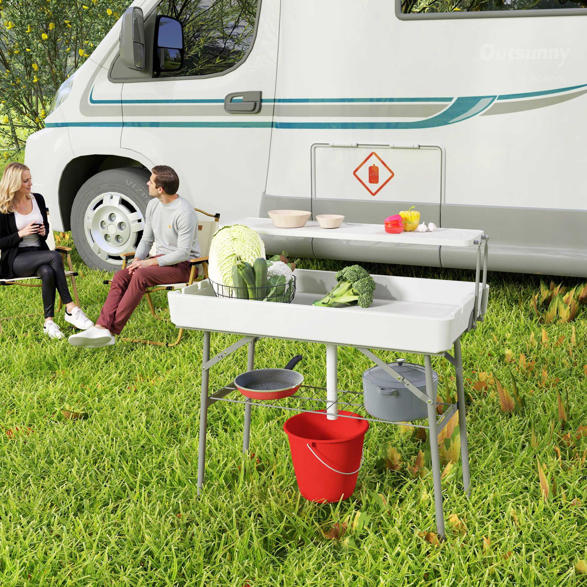 3.5ft Folding Ice Cooler Table with Drain, 2-Tier Outdoor Patio Party Cooler, Fishing Cleaning Table with Storage Shelf for Picnic BBQ Camping Wedding, White Picnic Tables & Camping Chairs at Gallery Canada