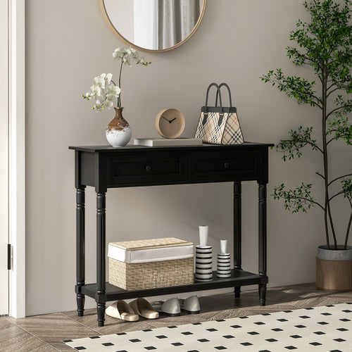 Hallway Console Table, Modern Entryway Table with 2 Drawers, Storage Shelf, Turned Legs for Living Room, Bedroom, Black