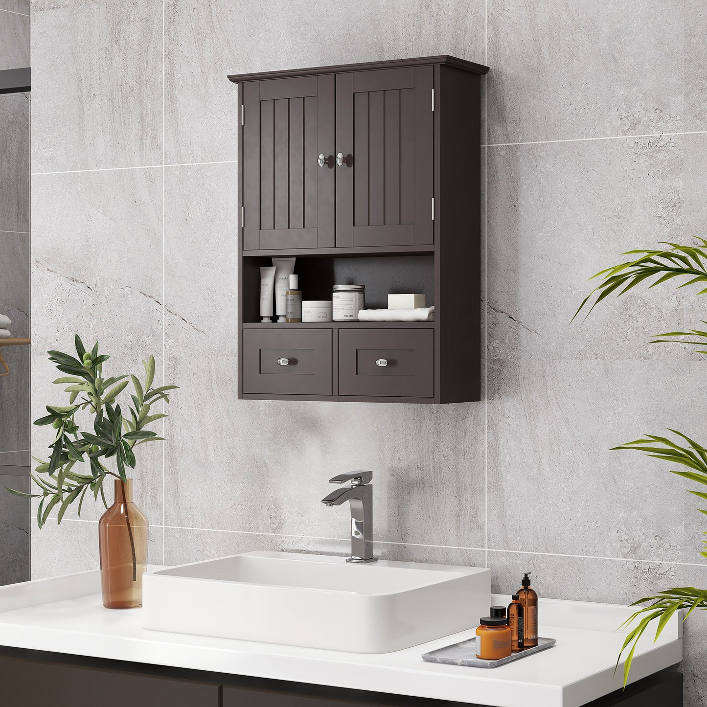 Medicine Cabinet, Bathroom Wall Cabinet with Shelf and Drawers for Hallway, Living Room, Brown Wall Mounted Cabinets Brown  at Gallery Canada