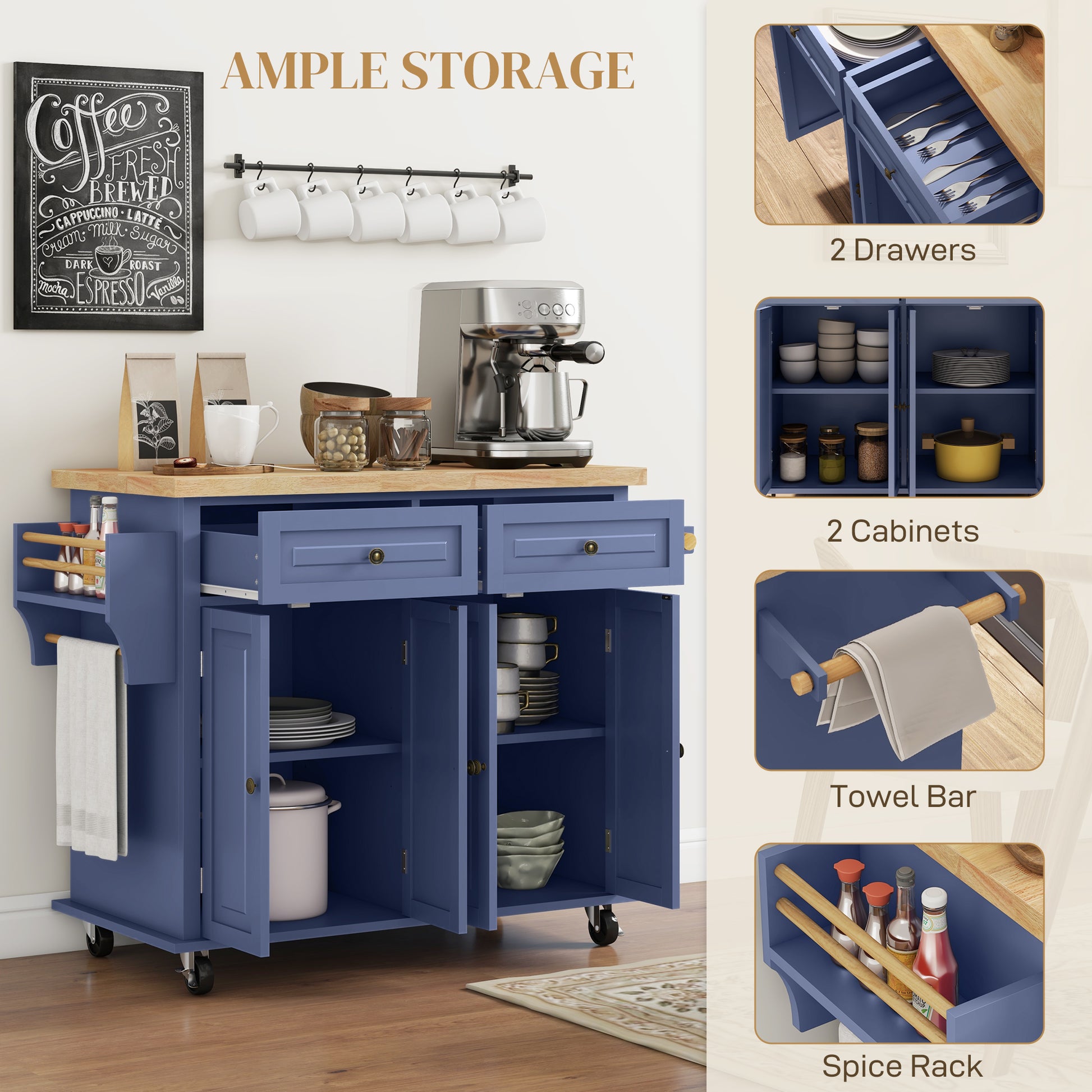 Kitchen Island with Storage, Rolling Trolley Cart with Rubber Wood Top, Spice Rack, Towel Rack, Navy Blue Kitchen Islands & Kitchen Carts   at Gallery Canada