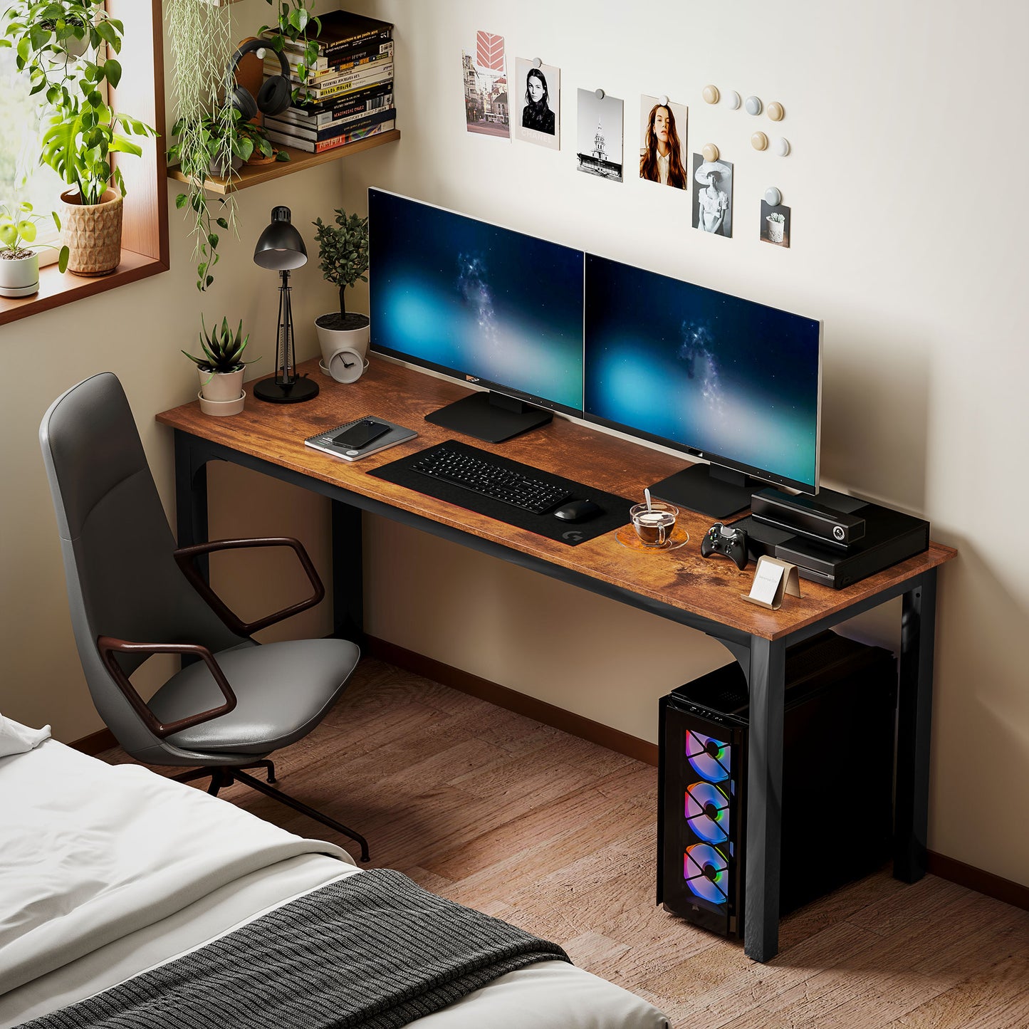 70.9" Computer Desk, Desktop Desk with Metal Legs, Rustic Brown Computer Desks at Gallery Canada