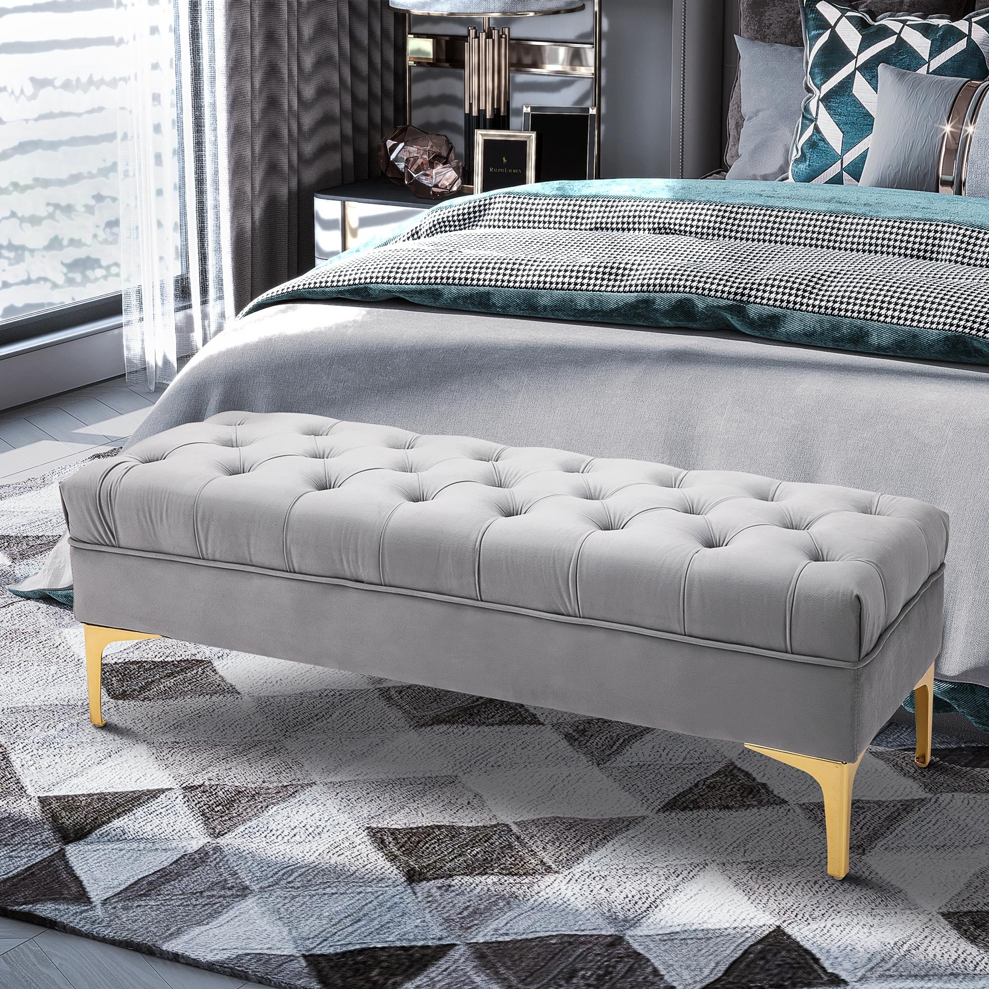 End of Bed Bench, Upholstered Bench, Entryway Shoe Bench with Button Tufted for Living Room, Bedroom, Grey Storage Ottomans & Benches at Gallery Canada