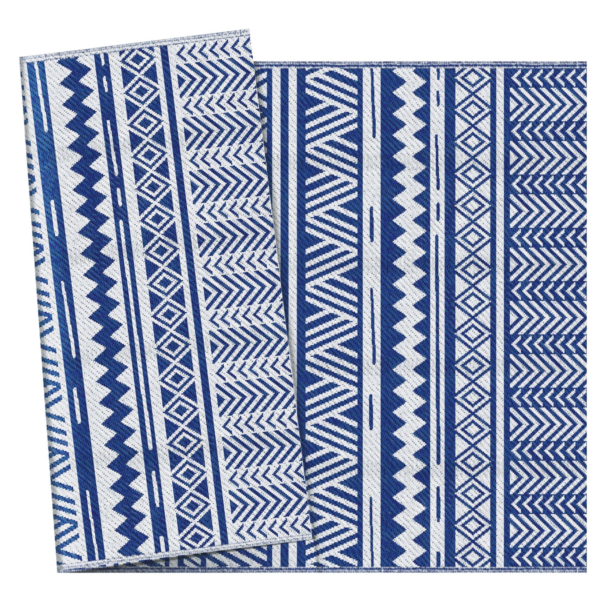 Reversible Outdoor Rug, Patio Floor Mat, 6' x 9' Plastic Rug for Backyard, Deck, Beach, Camping, Dark Blue and White Garden Decor at Gallery Canada
