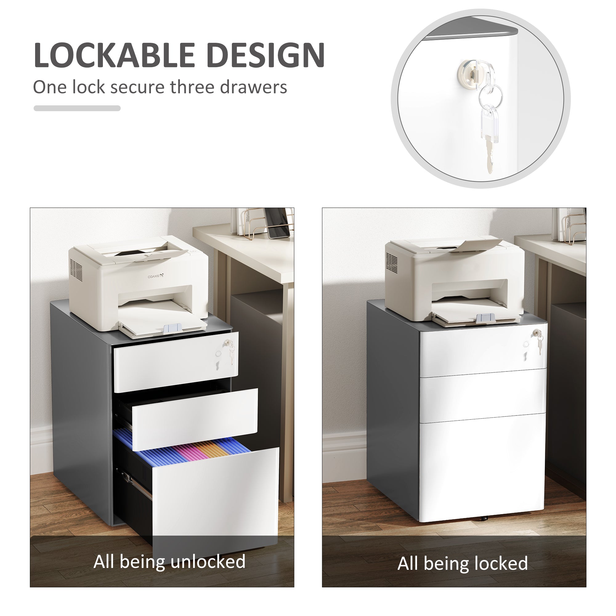 3 Drawer Filing Cabinet, Home Office Storage Cabinet with Wheels, Lock for A4, Letters, Legal-sized Files, Grey and White Office Cabinets & Cupboards at Gallery Canada