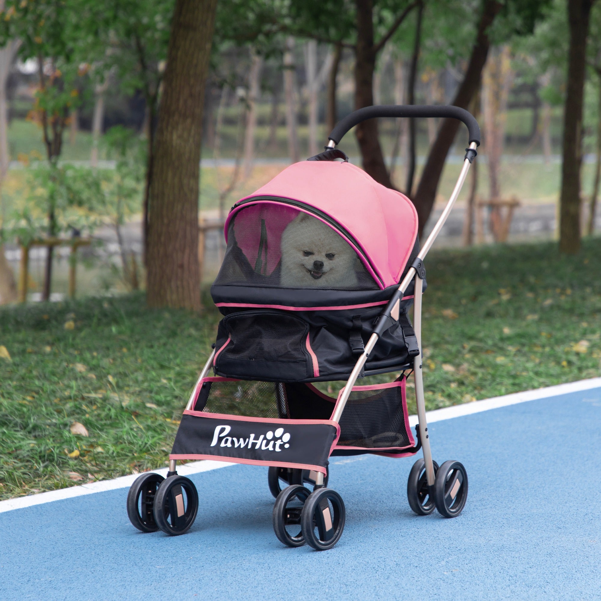 4 Wheels Pet Stroller, 3 in 1 Dog Cat Travel Folding Carrier, for Small Dogs, Detachable, w/ Brake, Canopy, Basket, Storage Bag - Pink Dog Bike Trailers & Strollers at Gallery Canada