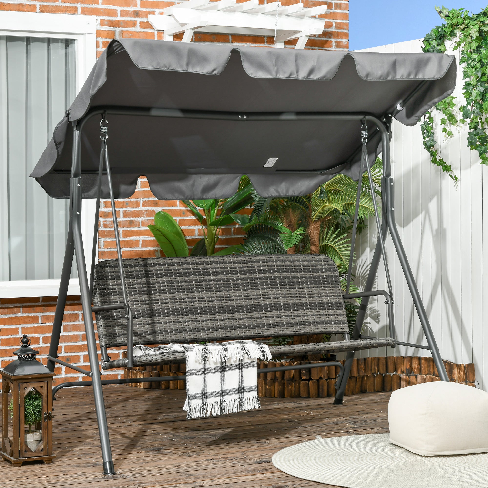 3 Seater Rattan Outdoor Patio Swing with Adjustable Canopy and Stand for Garden Porck Backyard, Grey Patio Swings with Stand Multi Colour at Gallery Canada