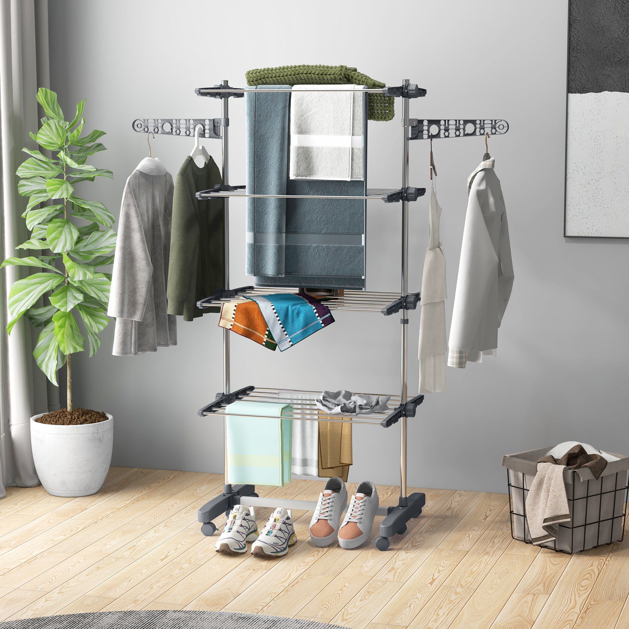 Garment Drying Rack Stainless Steel Folding Clothes Hanging Rack with Side Wings Castors for Indoor Outdoor Grey Bath Accessories at Gallery Canada