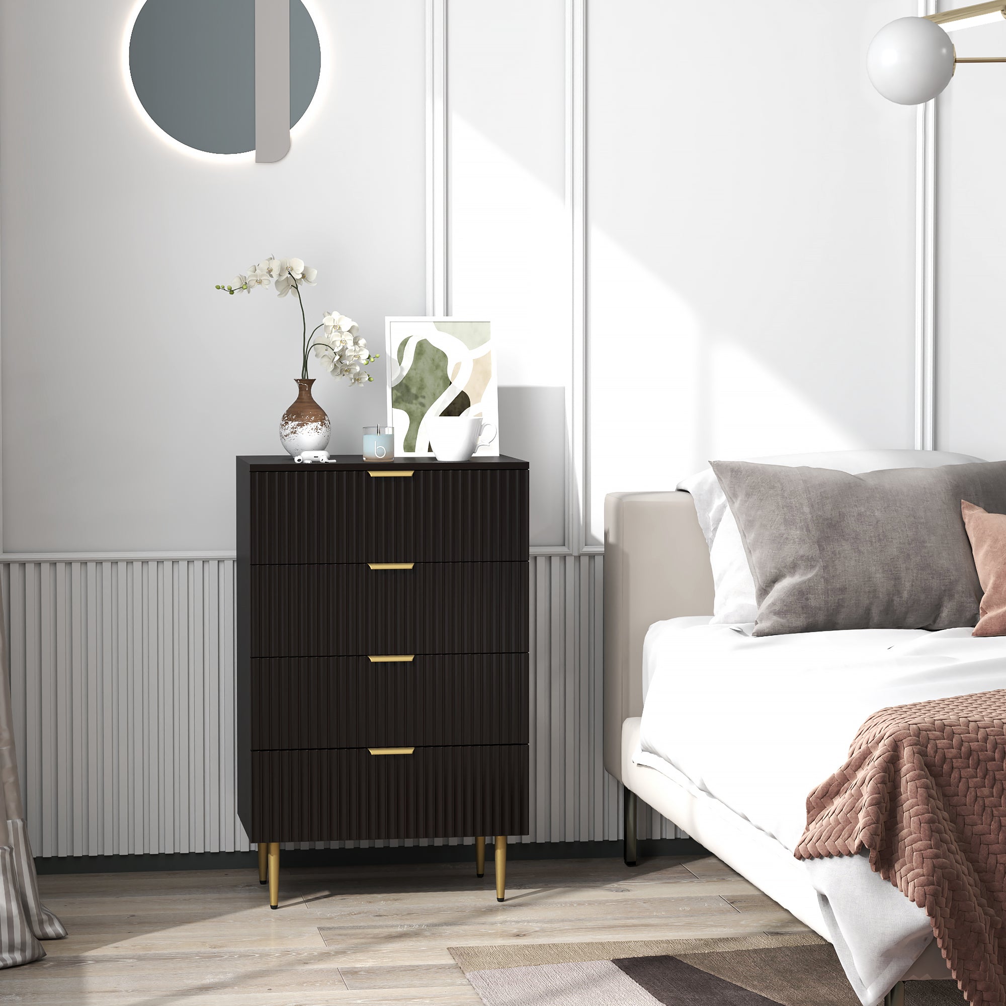 Modern Chest of Drawers 4 Drawer Dresser for Bedroom with Gold Legs and Handles, Black Storage Cabinets at Gallery Canada