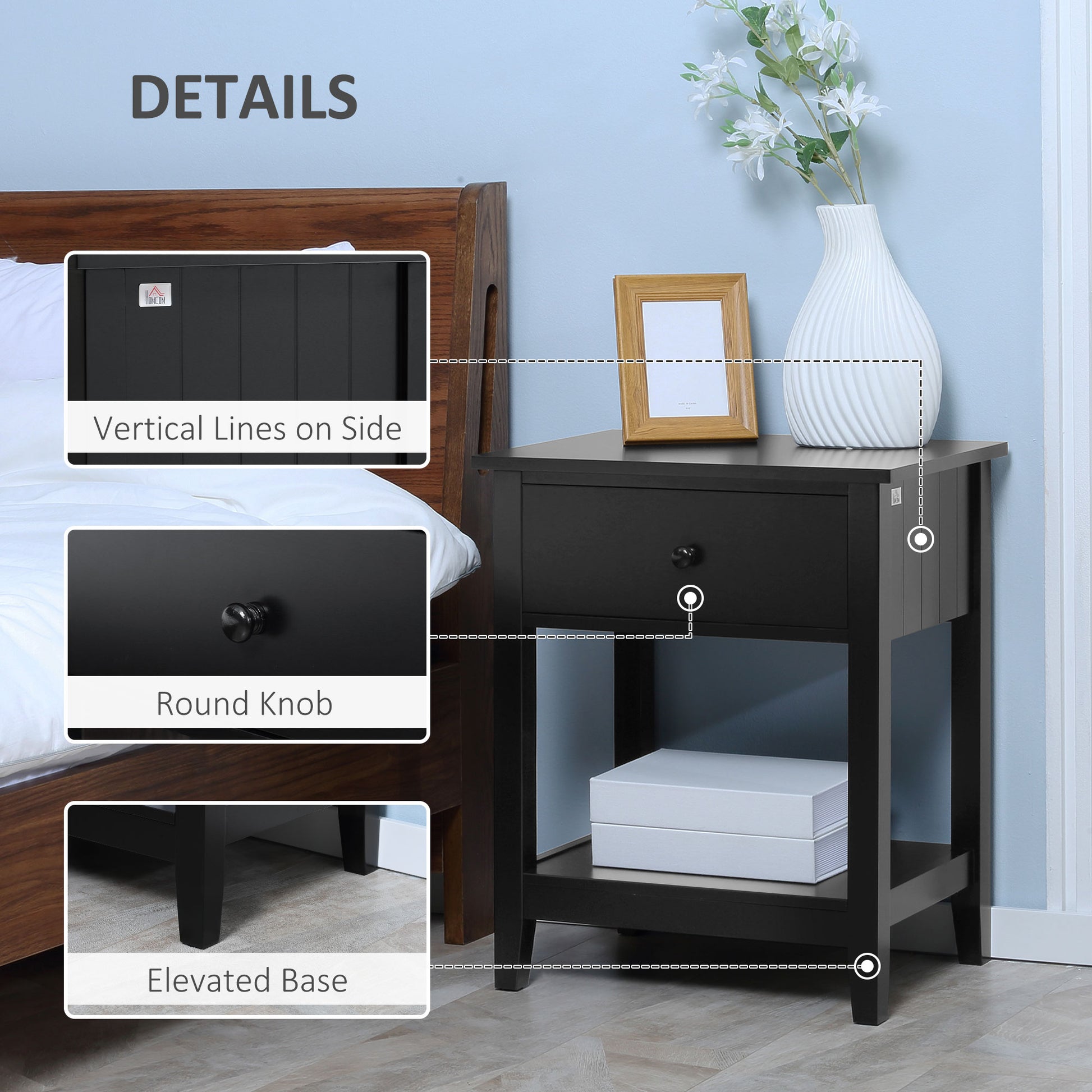 Modern Style Nightstand, Small End Table with Drawer and Storage Shelf for Bedroom, Living Room, Black Side Tables   at Gallery Canada