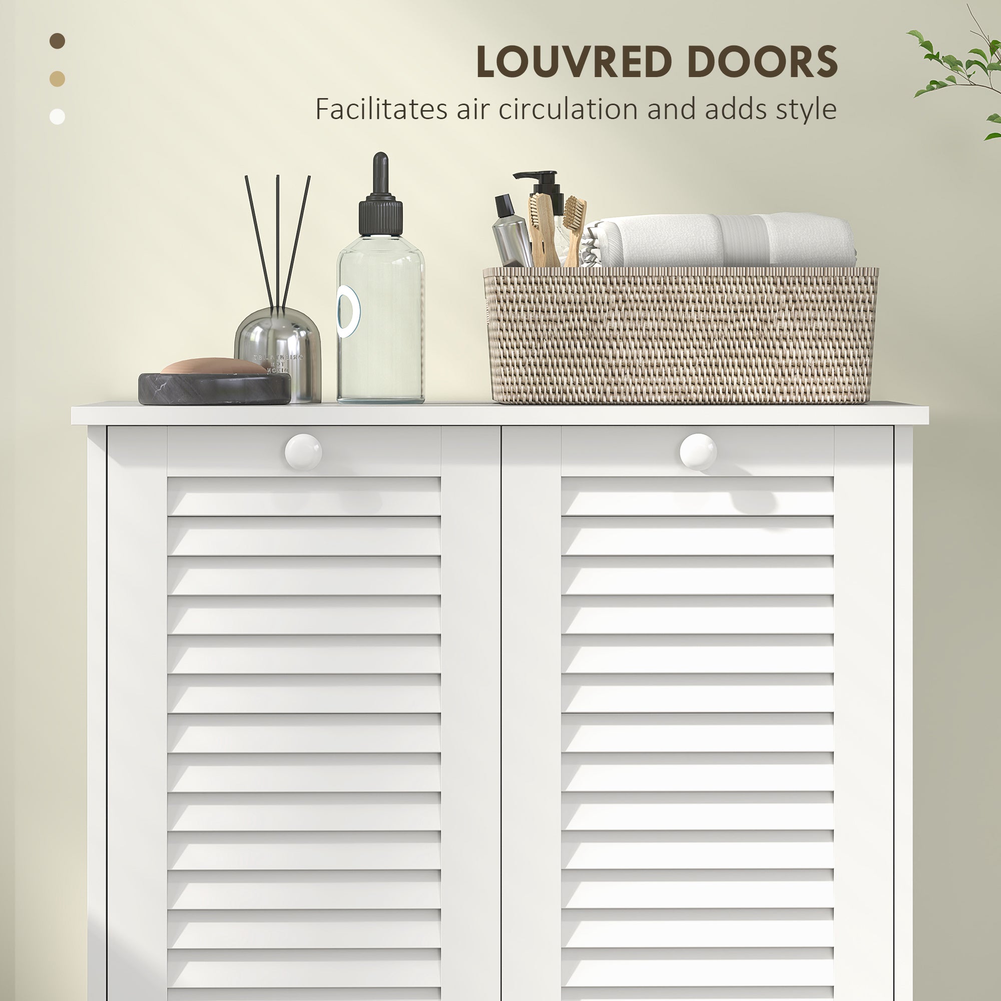 Tilt Out Laundry Cabinet, Laundry Basket Cabinet with 2 Baskets and 2 Louvered Doors, White Bathroom Cabinets at Gallery Canada