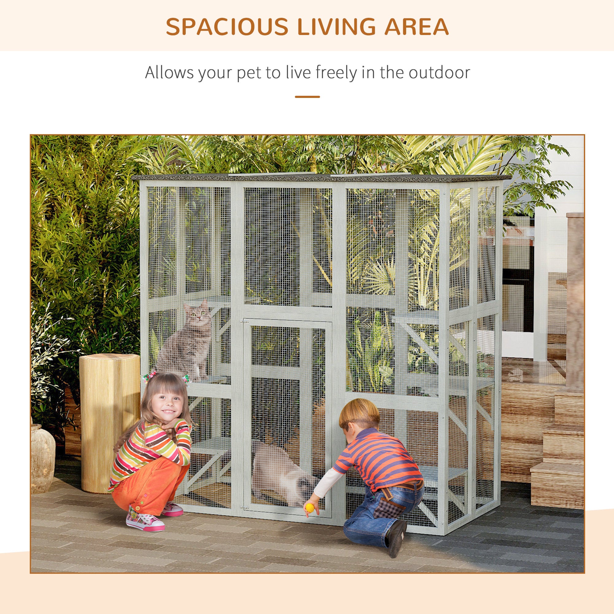 Large Outdoor Catio Enclosure, Weatherproof Cat House with Asphalt Roof, Wooden Cat Patio Cage with 6 Balanced Platforms, 71