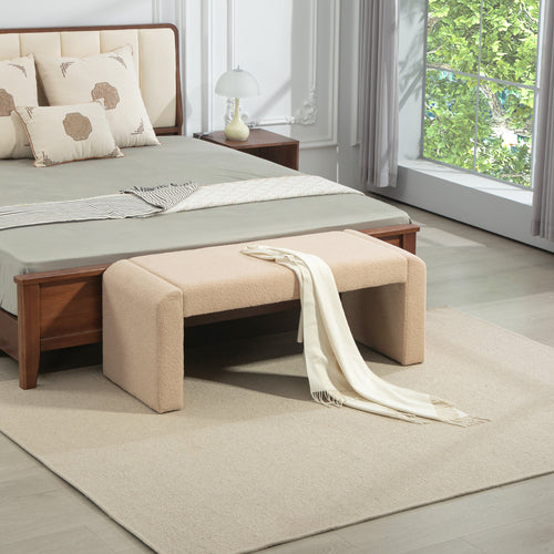 Upholstered Bedroom Bench, Boucle End of Bed Bench, Modern U-Shaped Entryway Bench, 47 x 18 x 18 Inches, Light Brown