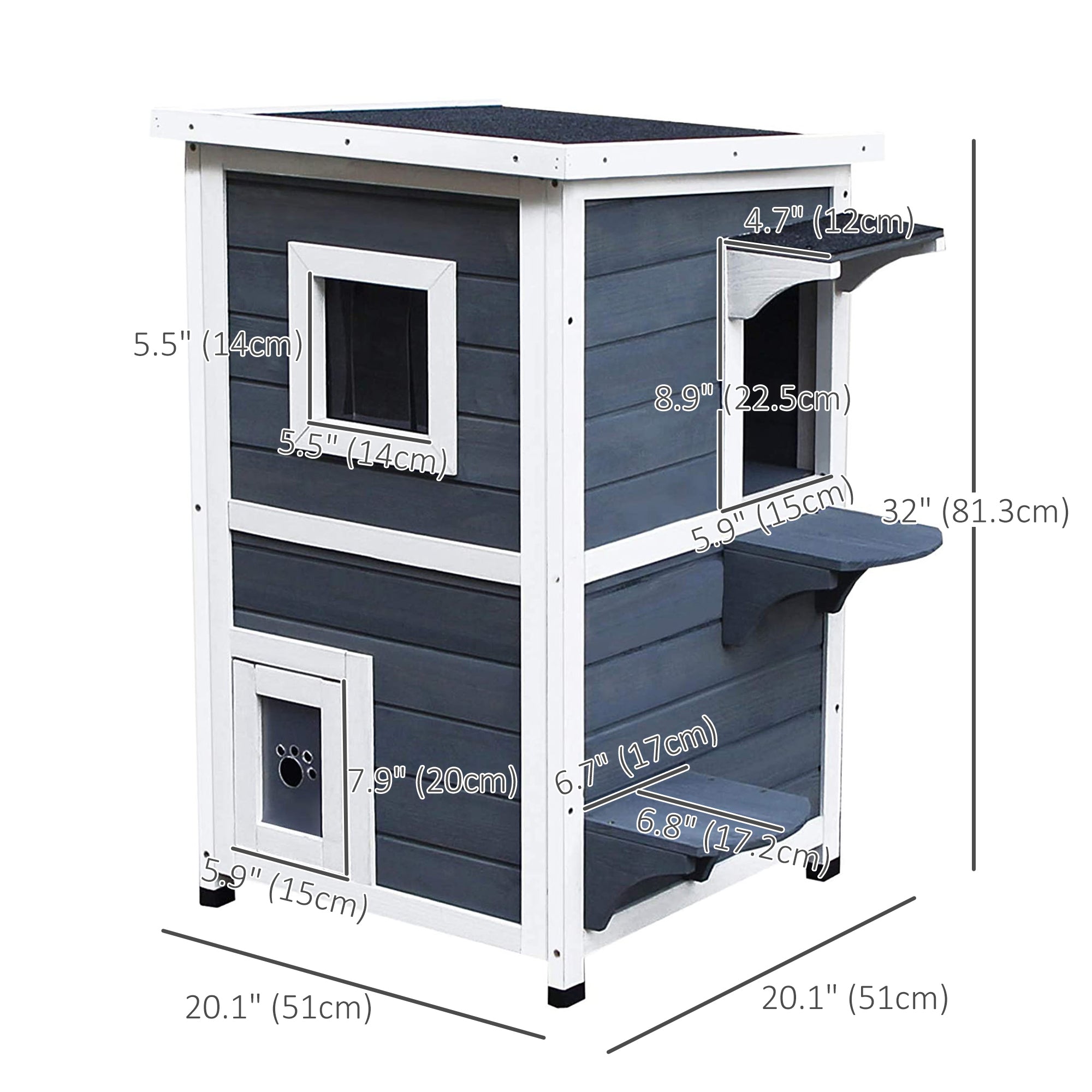 2 Story Wooden Outdoor Cat House with Windows, Platforms, Openable Top, Asphalt Roof, Grey Cat Houses at Gallery Canada