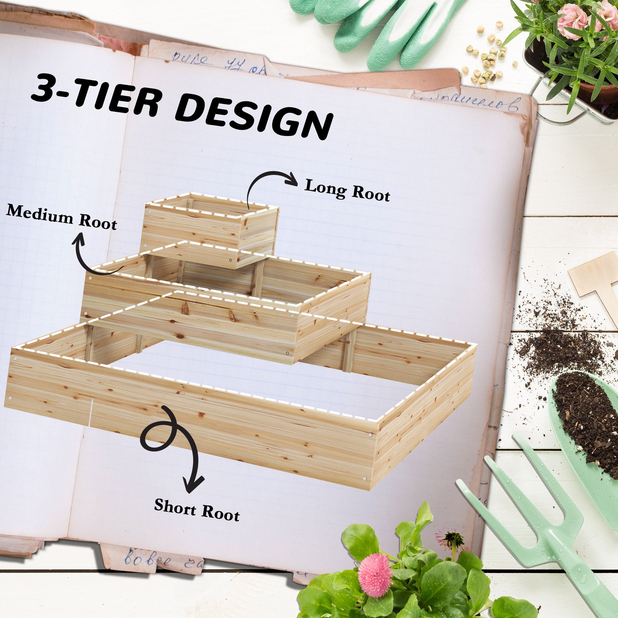 Outdoor Elevated Planter Box, 3-Tier Wooden Raised Garden Bed for Vegetables, Flowers and Herbs, 43.3