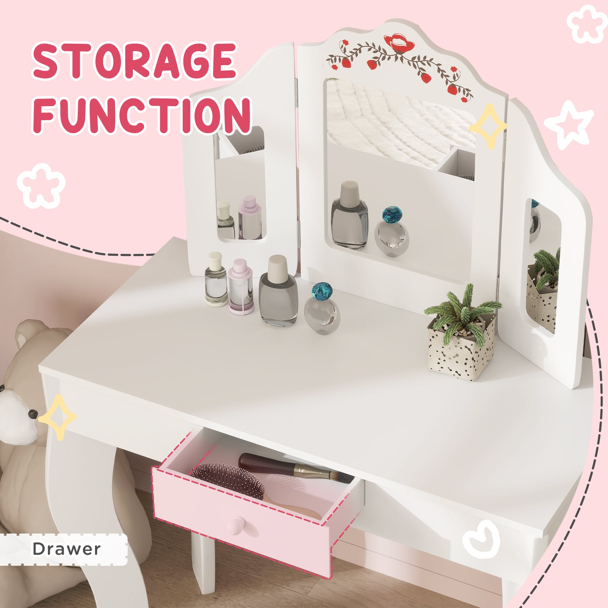 Kids Vanity Set, Dual-Use Dressing Table with Removable Tri-Folding Mirror and Drawer, for Ages 3-8, White Toy Vanity   at Gallery Canada