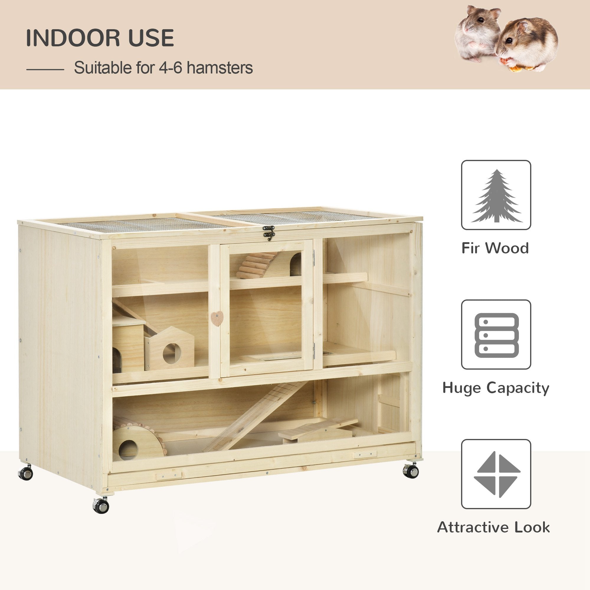 Wooden Hamster Cage, 3 Tier Rat Cage with Openable Roof, Run, Ladders, Run, Ladders, Wheels, Tray, Natural Wood Hamster Cages at Gallery Canada