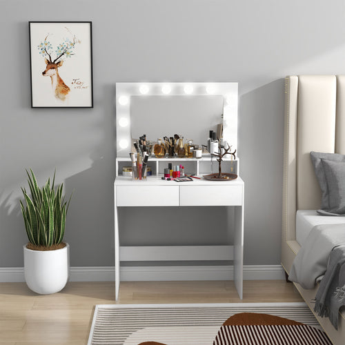 Vanity Table, Makeup Dressing Table with LED Lighting Mirror, Drawers, for Bedroom, White