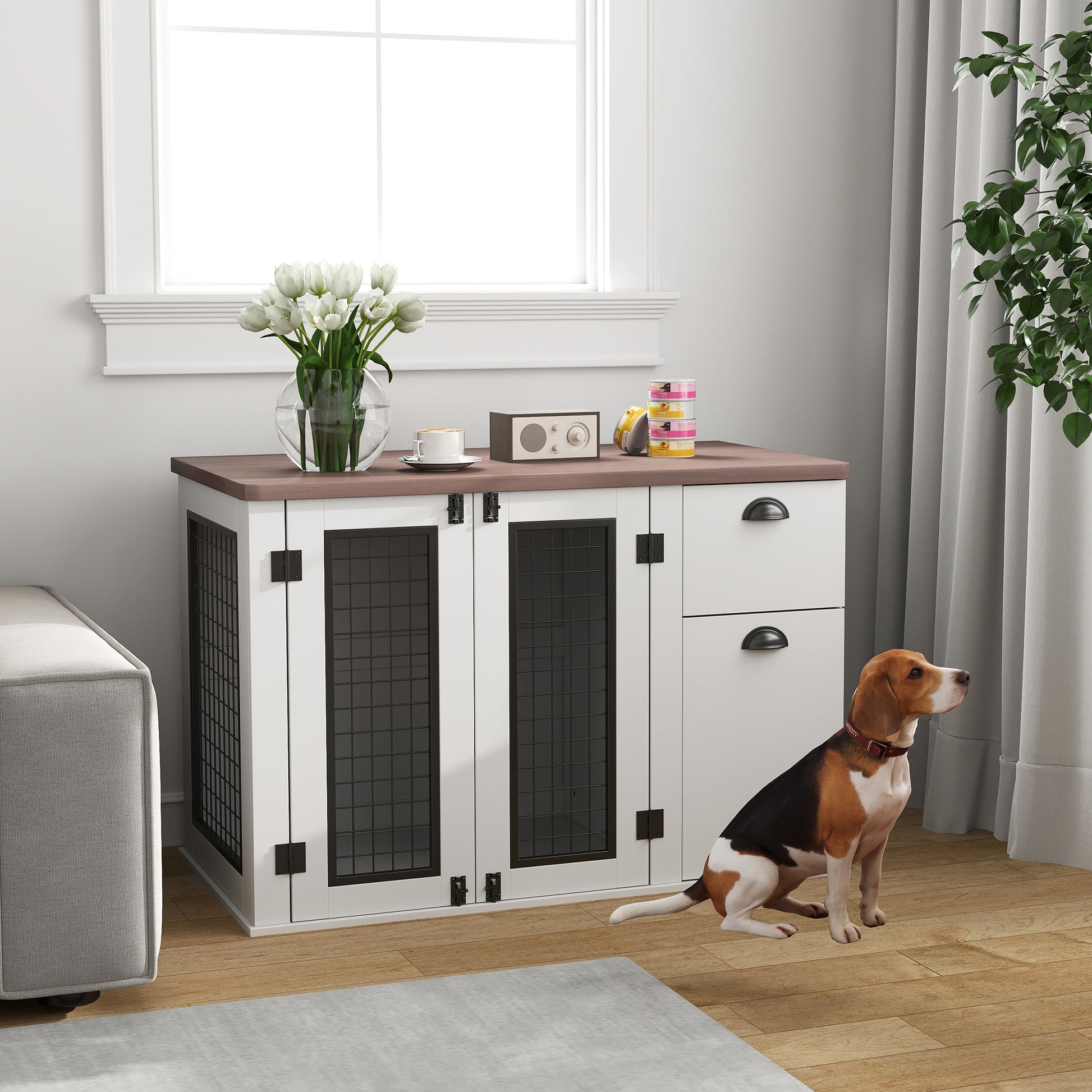 44" Dog Crate Furniture with Double Doors, Storage Drawer, for Medium Dogs, White Houses, Kennels & Pens   at Gallery Canada