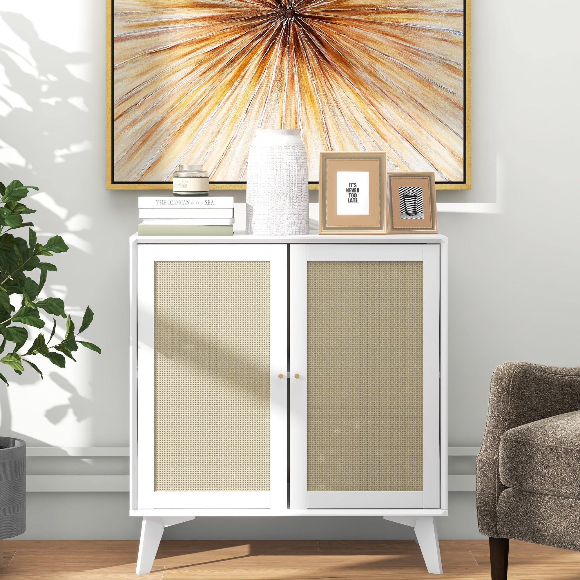 Boho Sideboard Cabinet, Freestanding Sideboards and Buffets with 2 Rattan Doors and Adjustable Shelf Kitchen Pantry Cabinets   at Gallery Canada