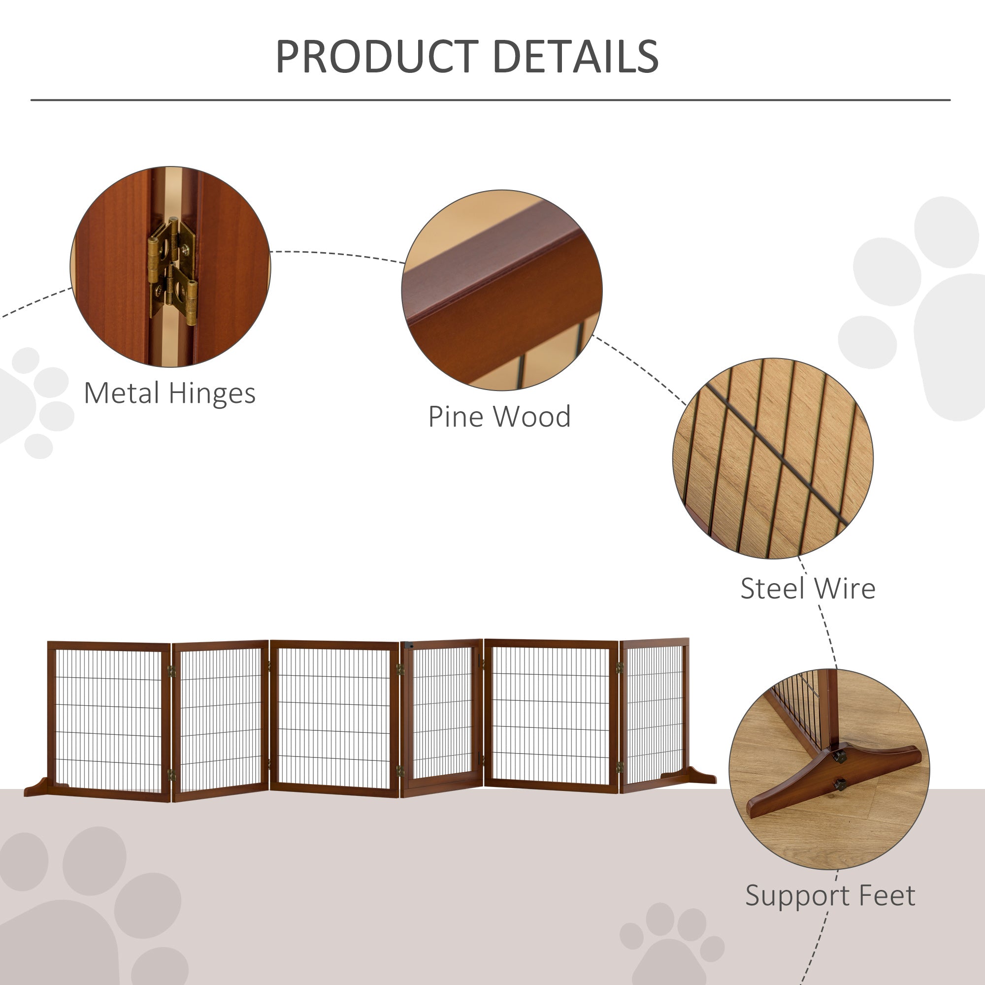 Wooden Pet Gate, Dog Safety Barrier, Freestanding Foldable Fence, w/ 6 Panels, 2 Support Feet, for House Doorway Stairs, Small &; Medium Dogs, Coffee Houses, Kennels & Pens at Gallery Canada
