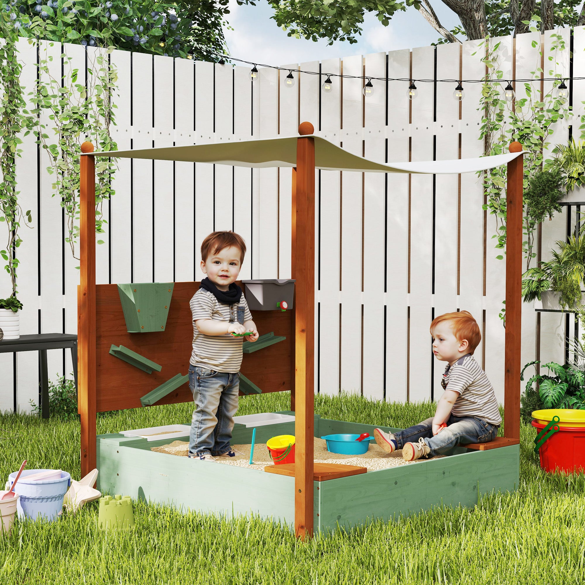 Wooden Kids Sandbox with Canopy, Sand Wall, Bottom Liner, for 3-6 Years, 46