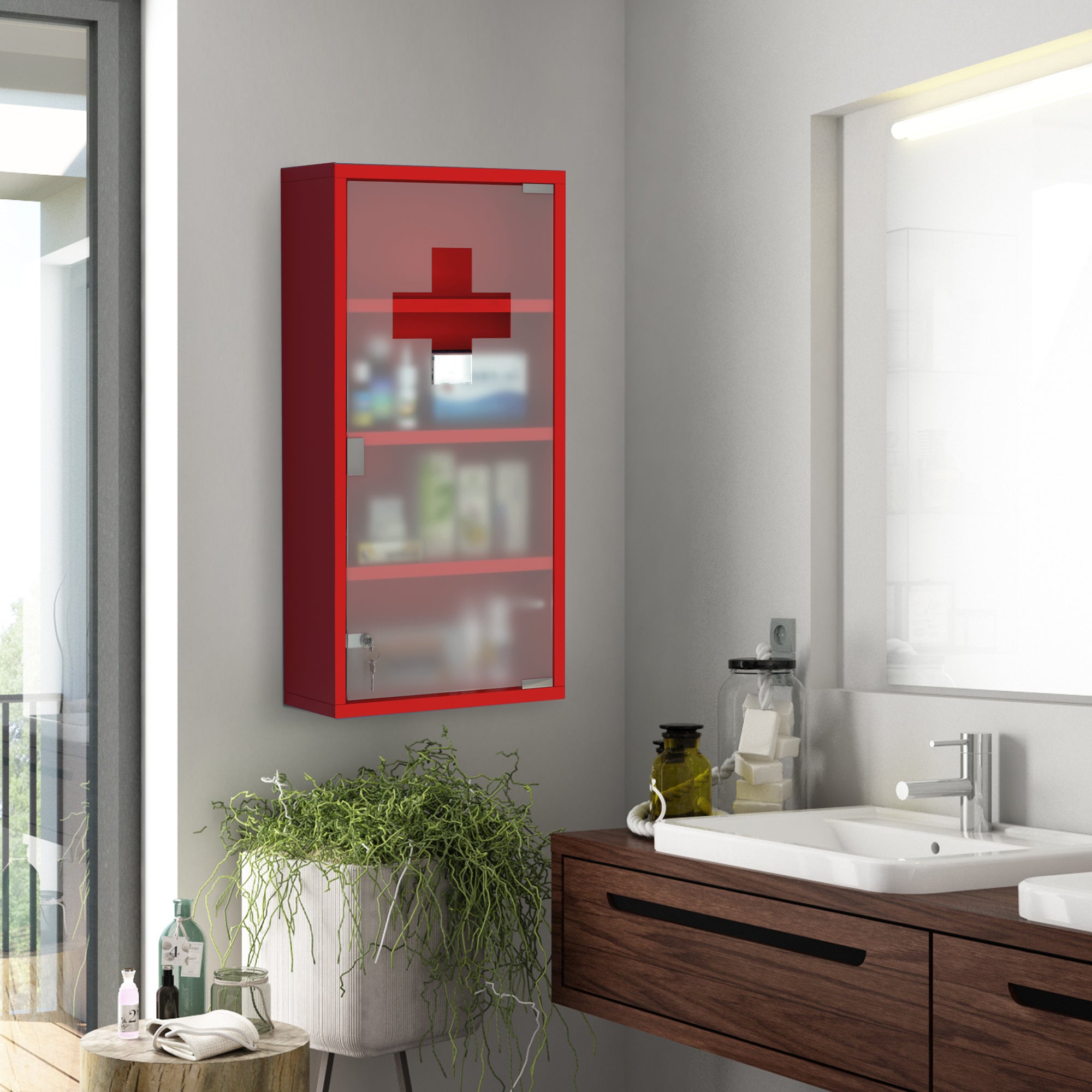 Wall Mount Medicine Cabinet Bathroom Cabinet with 4 Tier Shelves, Steel Frame and Glass Door, Lockable with 2 Keys Mirror Medicine Cabinets   at Gallery Canada