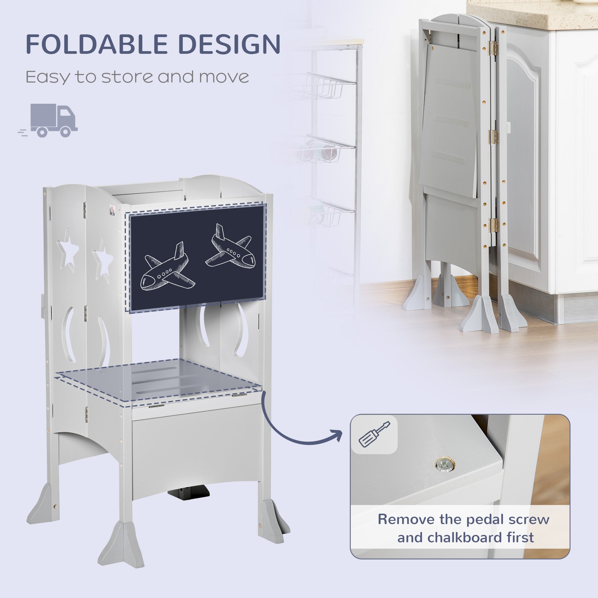 Kids Kitchen Helper Foldable Step Stool Toddler Kitchen Stool with Blackboard Lockable Handrail for 3-6 Years old Grey Toddler & Kids Step Stools at Gallery Canada