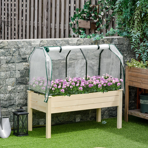 Raised Garden Bed with PE Greenhouse Cover Outdoor Elevated Wood Planter Box for Herbs and Vegetables, Use for Patio, Backyard, Balcony, 48 x 22 x 46 inch, Natural