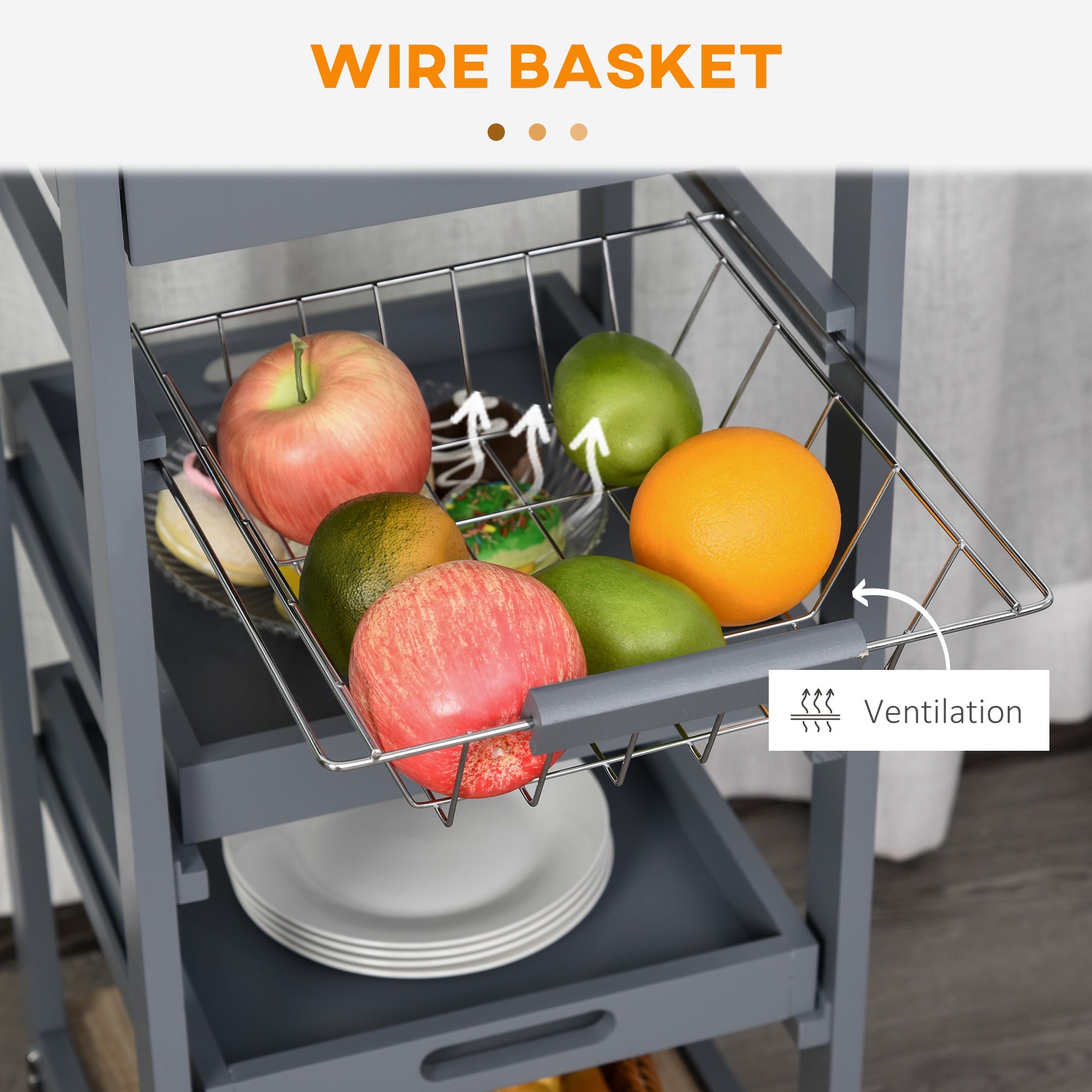 Rolling Kitchen Island Cart, Mobile Utility Storage Cart with Drawer, Wire Storage Basket, Removable Tray, Grey Kitchen Islands & Kitchen Carts   at Gallery Canada