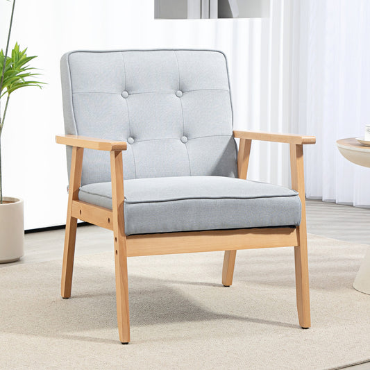 Modern Armchair Fabric, Accent Chair with Tufted Back, Wood Legs and Thick Padding for Living Room, Bedroom, Light Grey Accent Chairs   at Gallery Canada