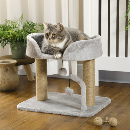 Cat Tower Condo for Indoor Cats, Small Cat Tree with Jute Scratching Posts, Top Perch, Dangling Balls, Light Grey