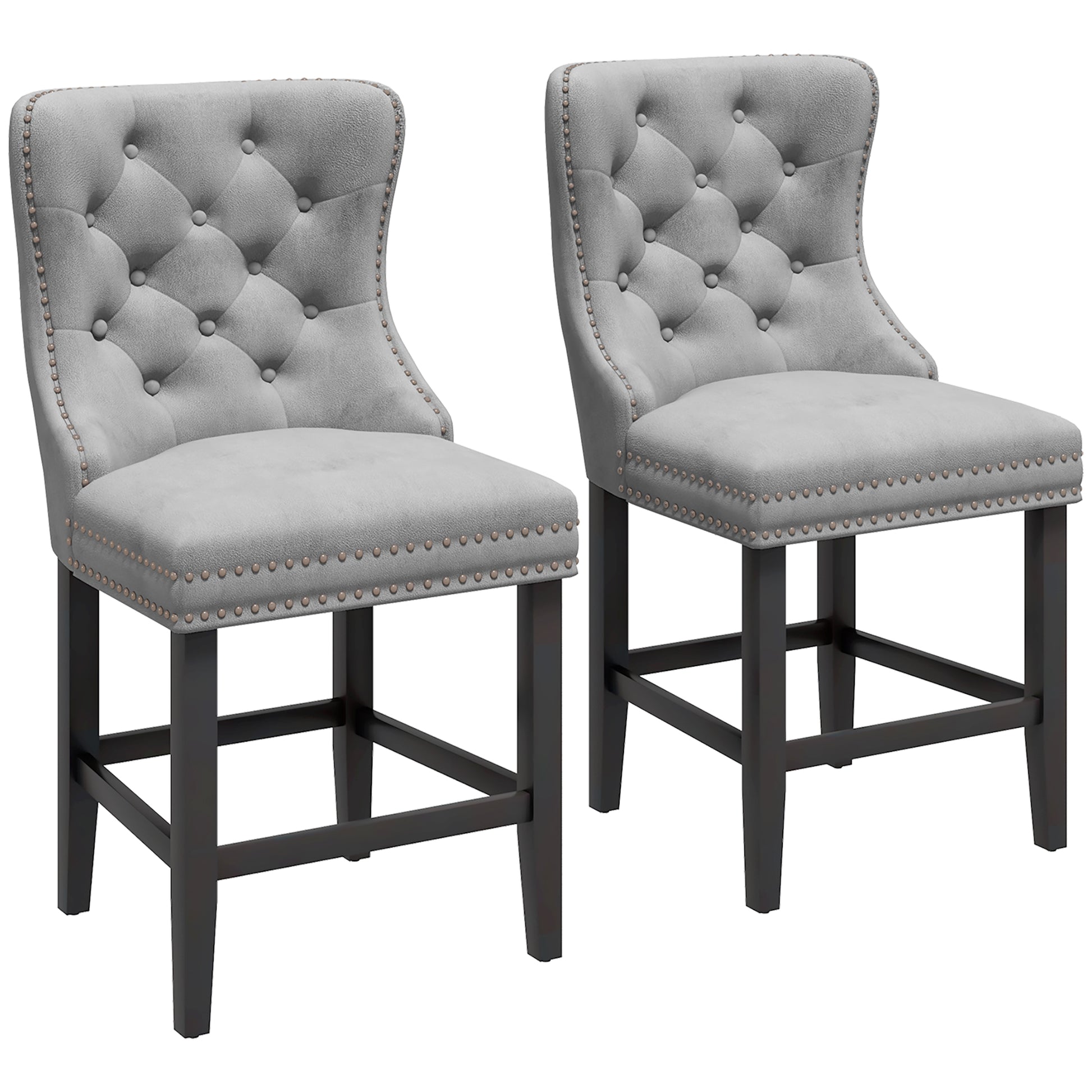 Upholstered Fabric Bar Stool Set of 2, Button Tufted 25.6" Seat Height Counter Chairs with Back &; Wood Legs, Grey Bar Stools   at Gallery Canada