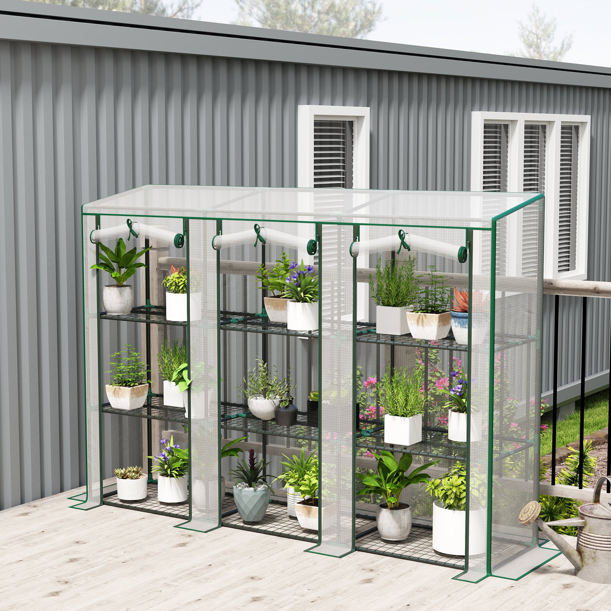 Lean-to Greenhouse with 3 Tier Shelves, Mini Greenhouse with 3 Roll-Up Doors for Indoor Outdoor, White Greenhouses at Gallery Canada
