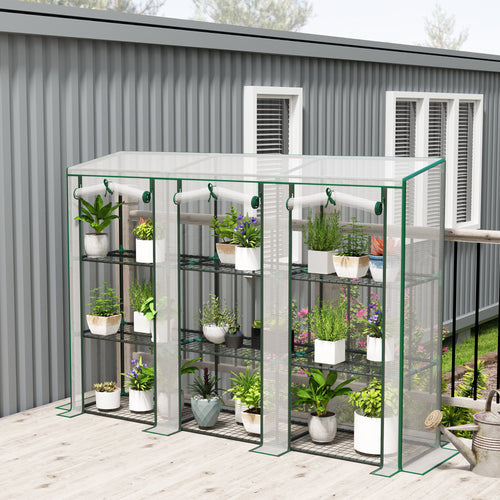 Lean-to Greenhouse with 3 Tier Shelves, Mini Greenhouse with 3 Roll-Up Doors for Indoor Outdoor, White