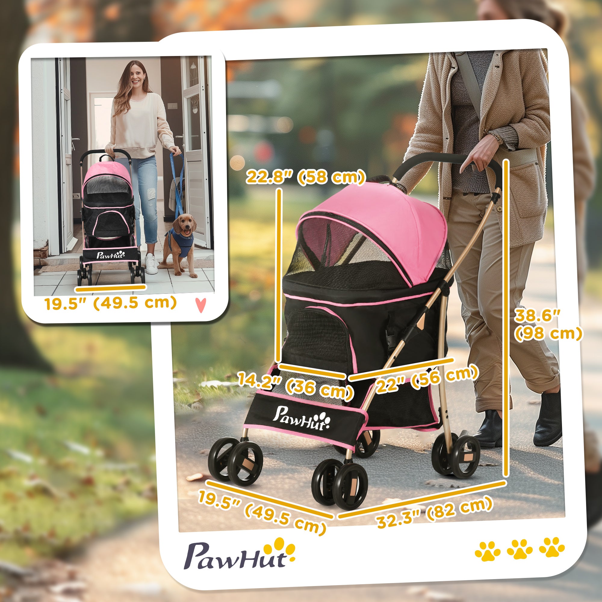 4 Wheels Pet Stroller, 3 in 1 Dog Cat Travel Folding Carrier, for Small Dogs, Detachable, w/ Brake, Canopy, Basket, Storage Bag - Pink Dog Bike Trailers & Strollers at Gallery Canada