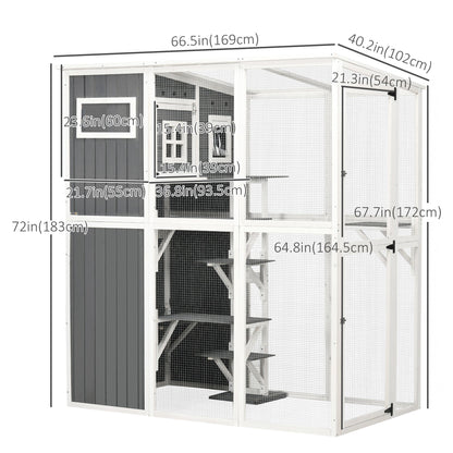 66.5" Wooden Cat Catio with PVC Roof, Platforms, Lockable Doors, Condo, Multi Colour Outdoor Cat Enclosures Multi Colour  at Gallery Canada