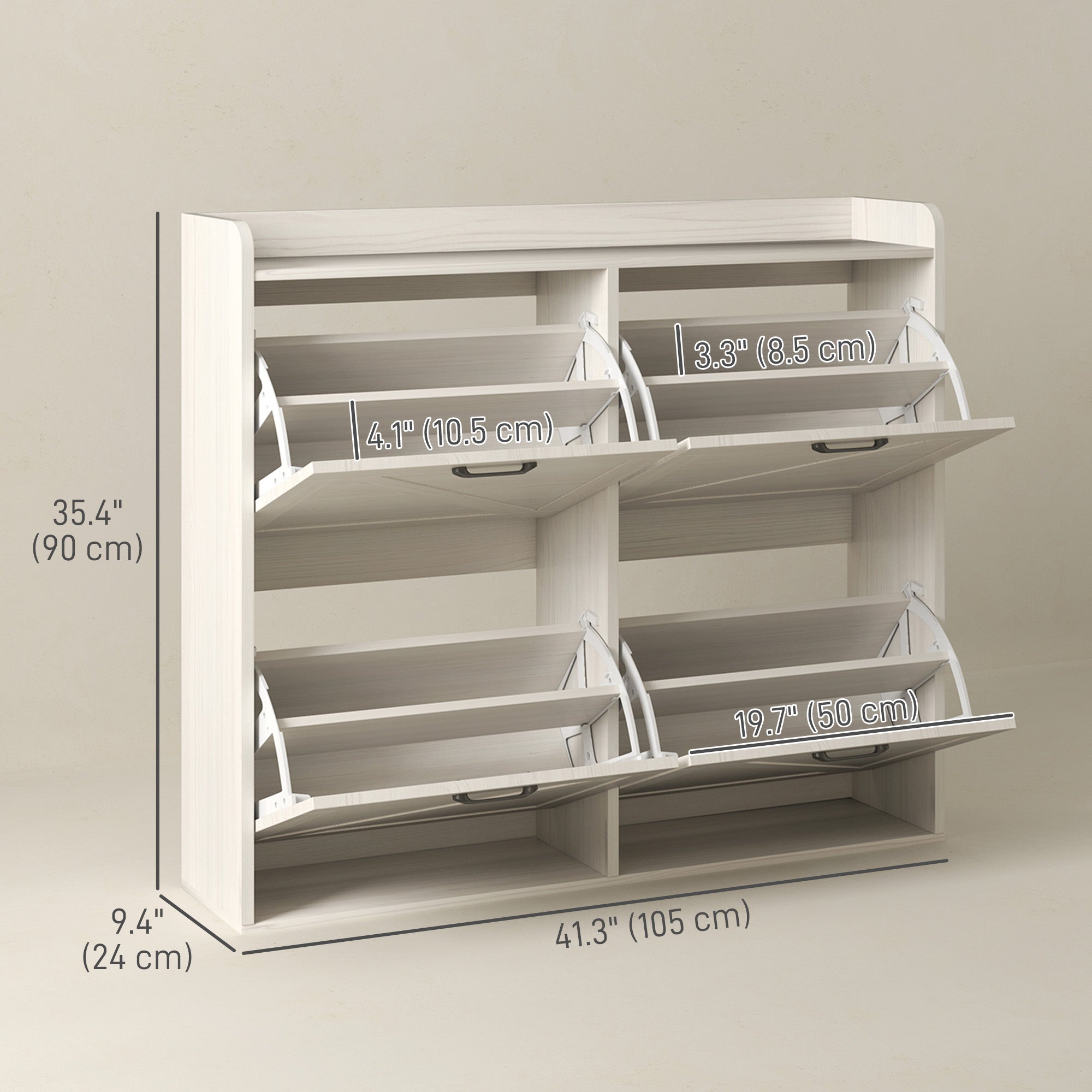Narrow Shoe Storage Cabinet with 4 Flip Drawers, Adjustable Shelves, 16 Pair Farmhouse Shoe Cabinet, White Oak Shoe Storage Cabinets & Racks at Gallery Canada