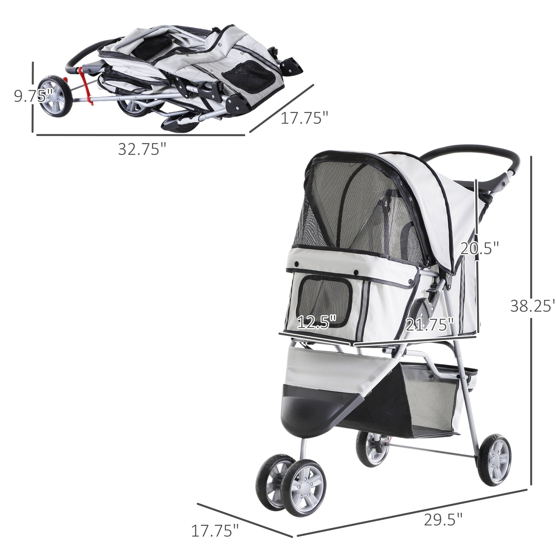 Deluxe 3 Wheels Pet Stroller Foldable Dog Cat Carrier Strolling Jogger with Brake, Canopy, Cup Holders and Bottom Storage Space (Grey) Dog Bike Trailers & Strollers   at Gallery Canada