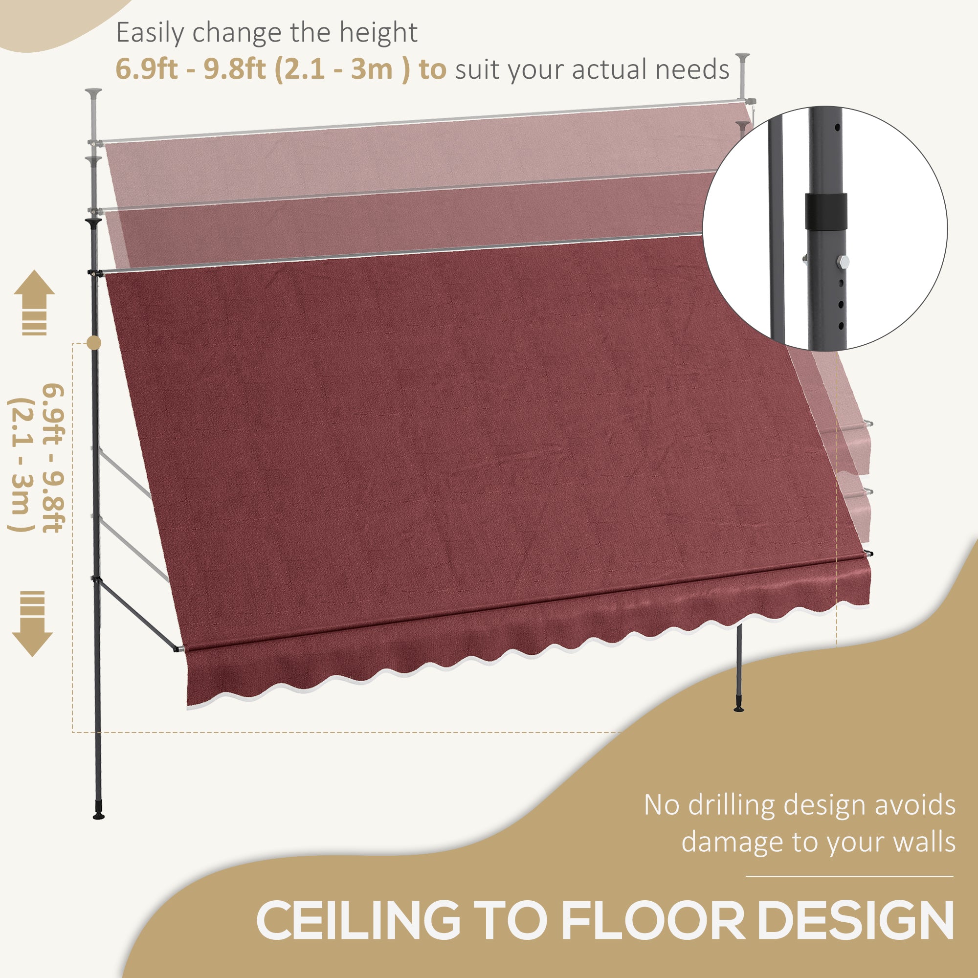 11.5' x 4' Manual Retractable Awning, Non-Screw Freestanding Patio Awning, UV Resistant, for Window or Door, Wine Red Patio Awnings at Gallery Canada