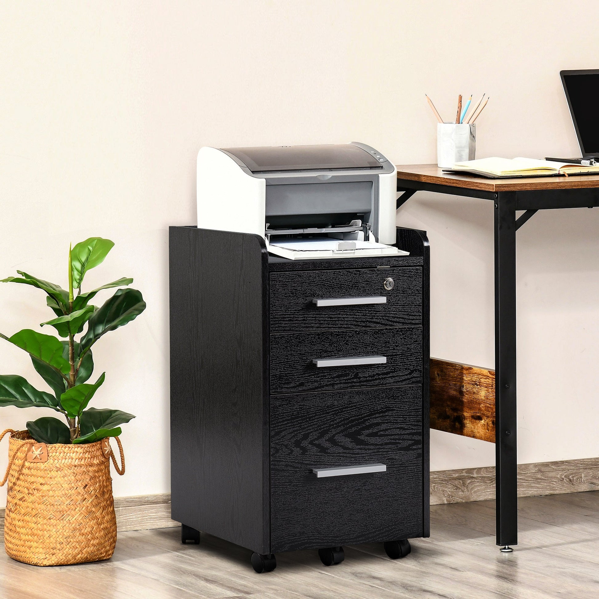 Vertical Filing Cabinet 3-Drawer, Mobile File Cabinet with Lock and Wheels for A4, Letter Size, Black Office Cabinets & Cupboards   at Gallery Canada