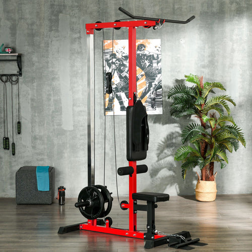 Lat Pull Down Machine, High / Low Pulley Machine with Adjustable Seat and Flip-Up Footplate, Red