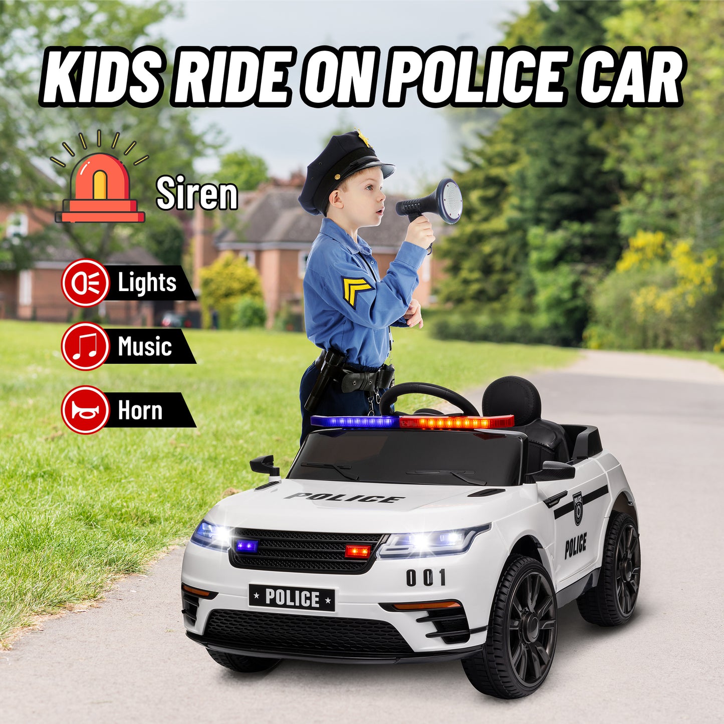 12V Kids Electric Police Car w/ Remote Control, Spring Suspension, Training Wheel, Siren, Music, Light, Horn, White Electric Toy Cars   at Gallery Canada