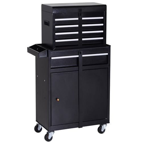 Rolling Tool Cabinet 2 in 1 Top Chest Storage Box 5 Drawers with Pegboard and Adjustable Shelf, Black