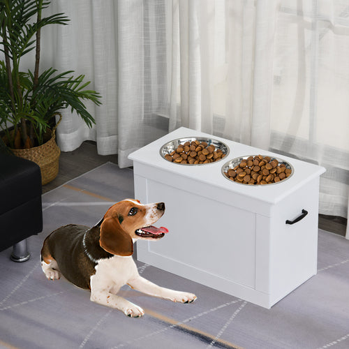 Large Elevated Pet Feeder with Storage Dog Pet Diner Function 2 Stainless Steel Dog Bowls Elevated Base for Large Dogs and Other Large Pet, White
