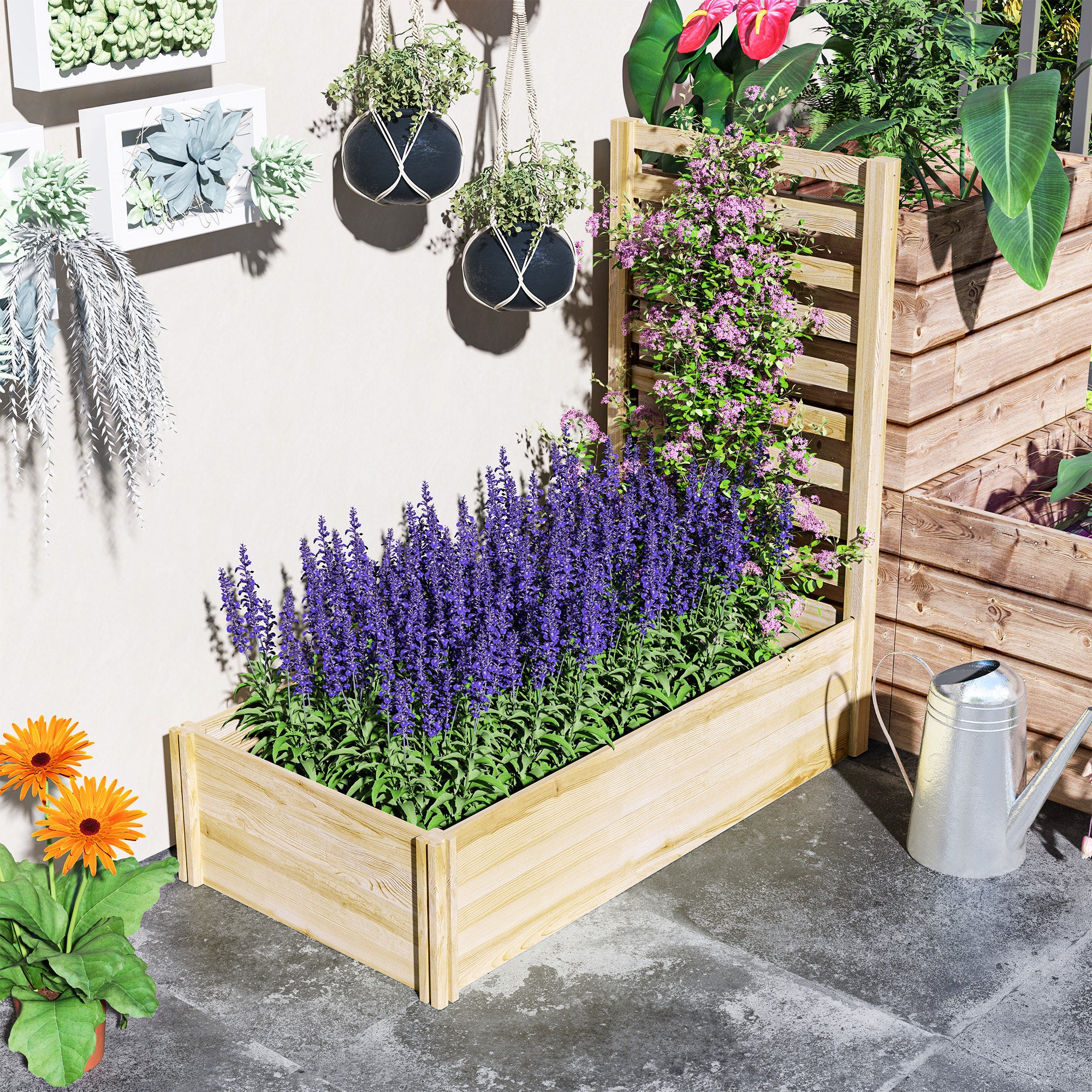 Wood Planter Box with Trellis for Climbing Plants, Raised Garden Bed for Outdoor Flowers Herbs, 91