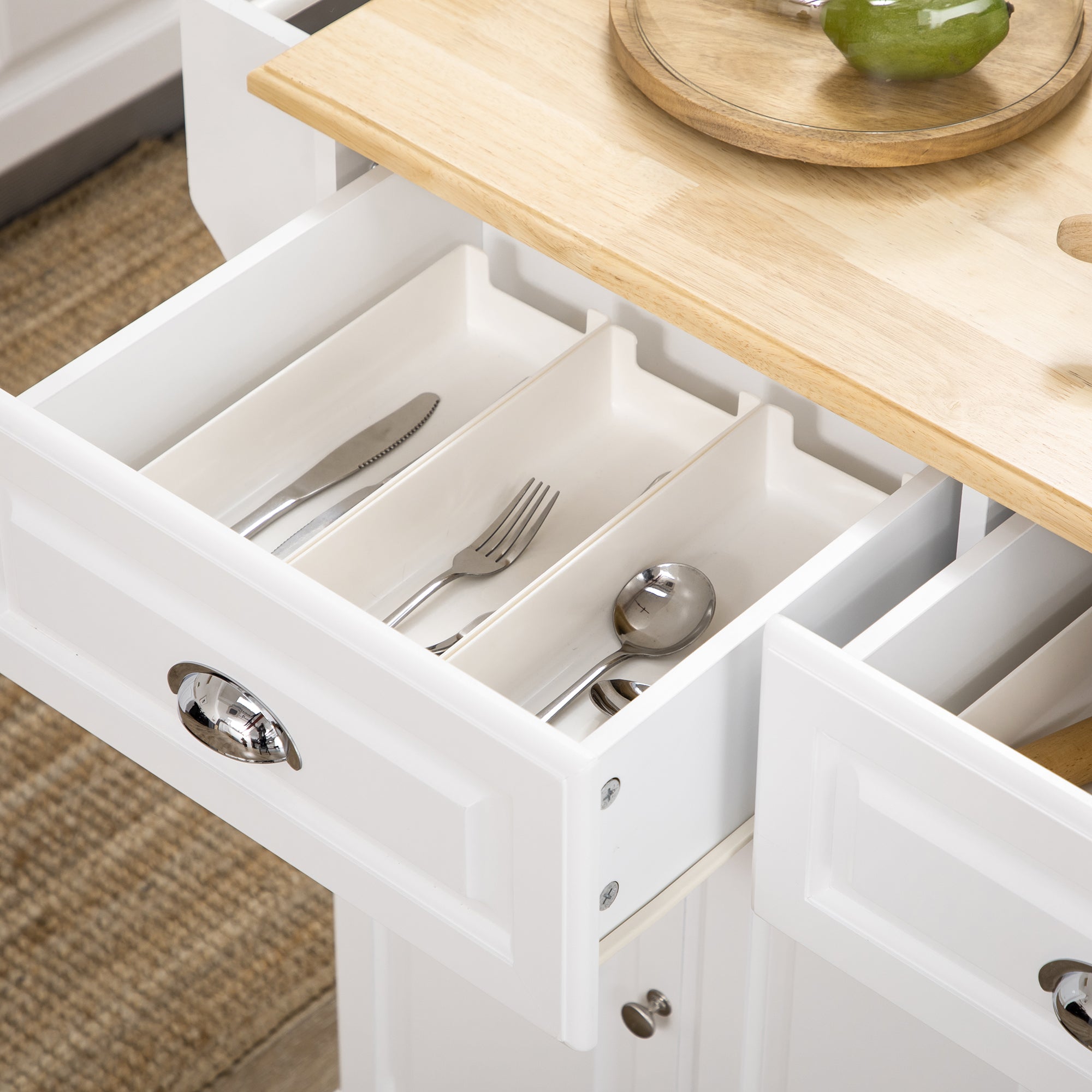 Kitchen Island with Storage Rolling Kitchen Serving Cart with Rubber Wood Top Towel Rack Storage Drawer Cabinet White Kitchen Islands & Kitchen Carts   at Gallery Canada