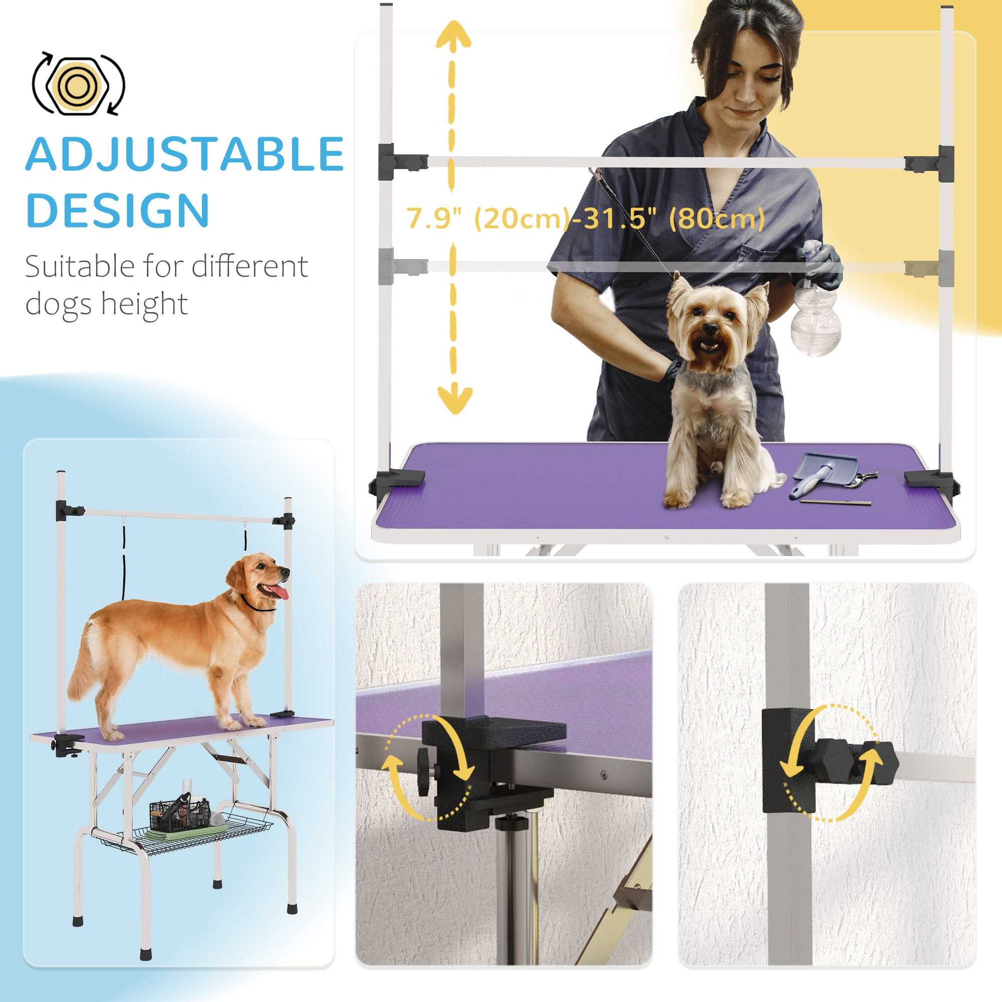 Adjustable Dog Grooming Table with 2 Safety Slings, Storage Basket, Purple Dog Grooming Tables at Gallery Canada
