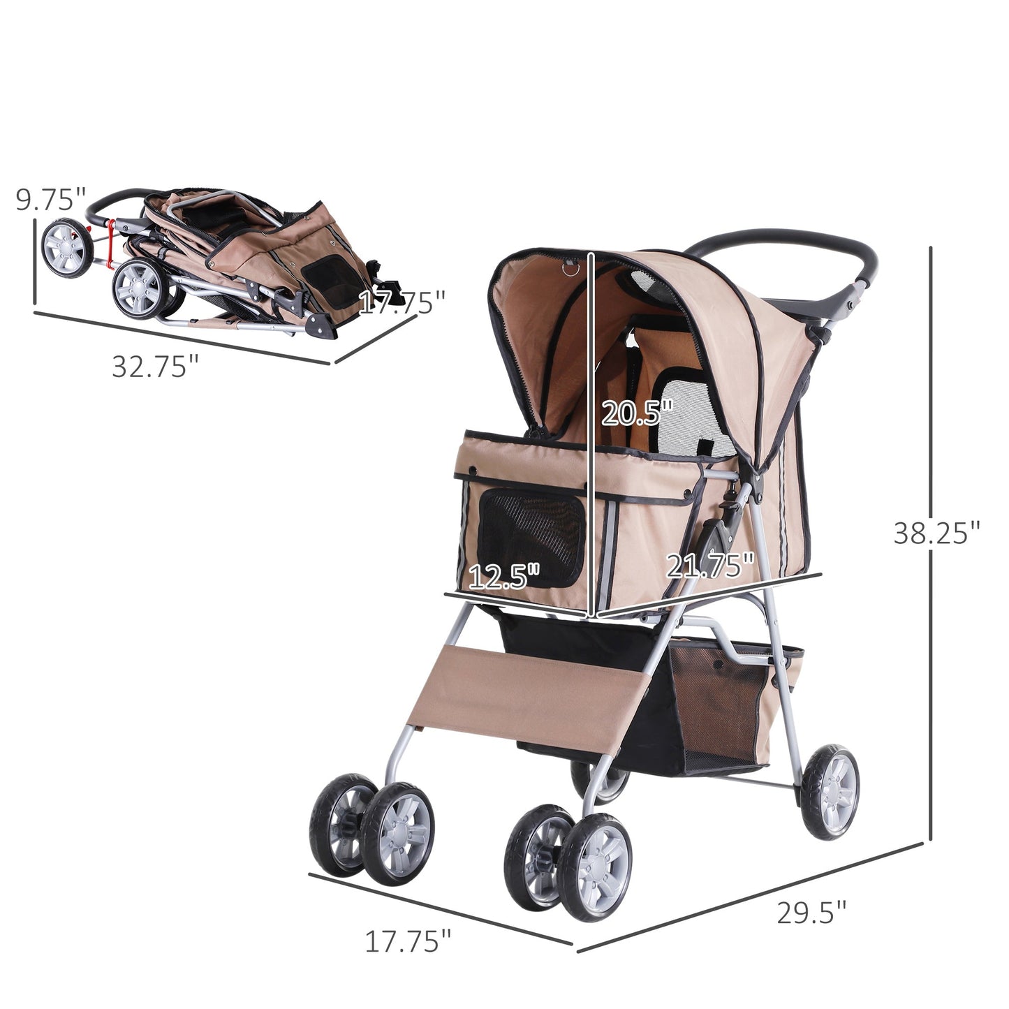 4 Wheel Dog Pet Stroller Dog Cat Carrier Folding Sunshade Canopy with Brake, Brown Dog Bike Trailers & Strollers   at Gallery Canada